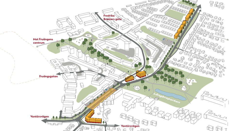 Vy över området och föreslagen bebyggelse, 3D-illustration.